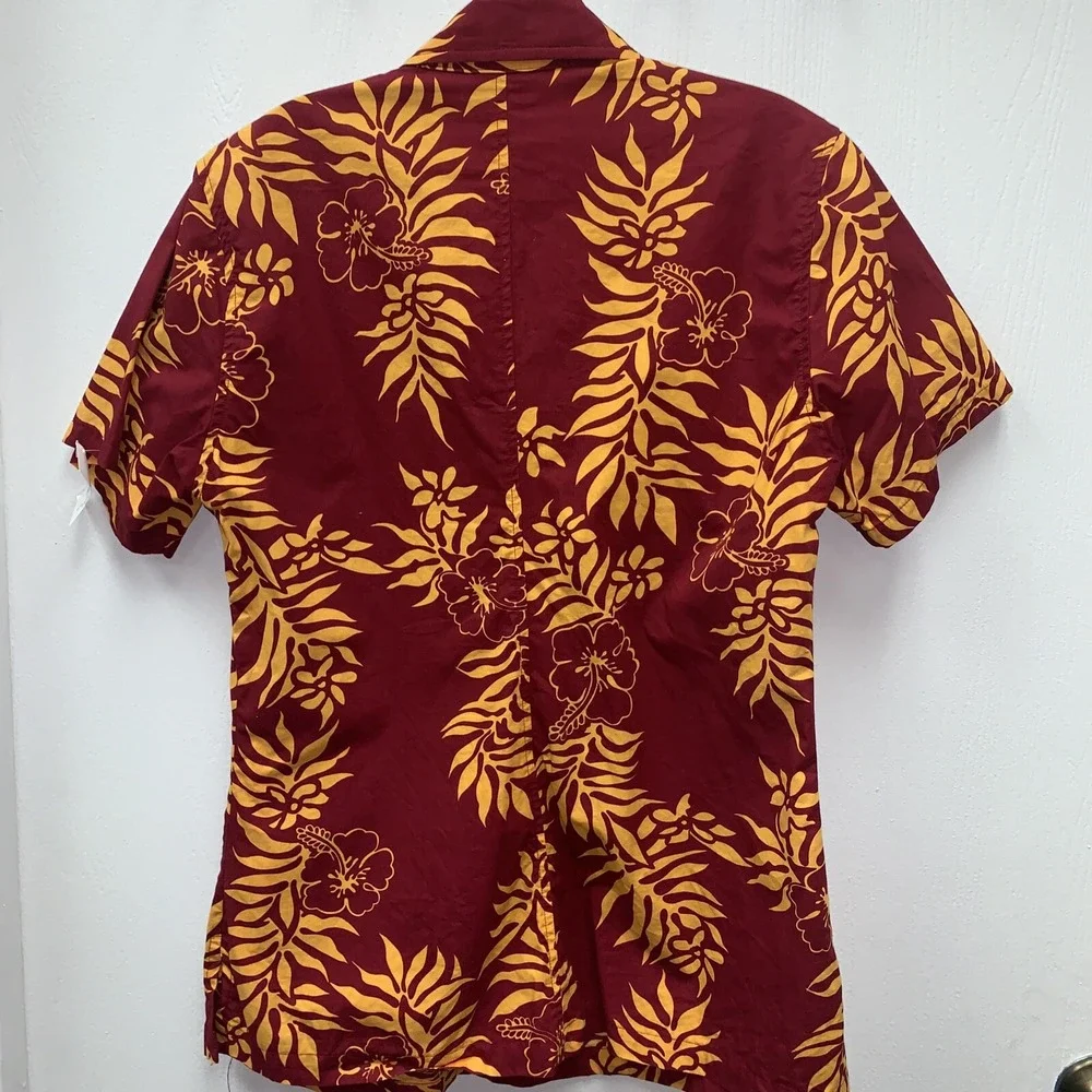 Go Barefoot Shirt Mens M Red Yellow Floral‎ Hawaiian USA Made Cardinal Gold